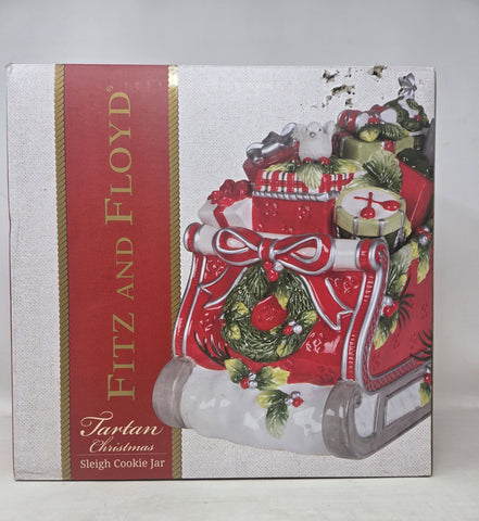 Fitz and Floyd Tartan Christmas Sleigh Cookie Jar B2C1