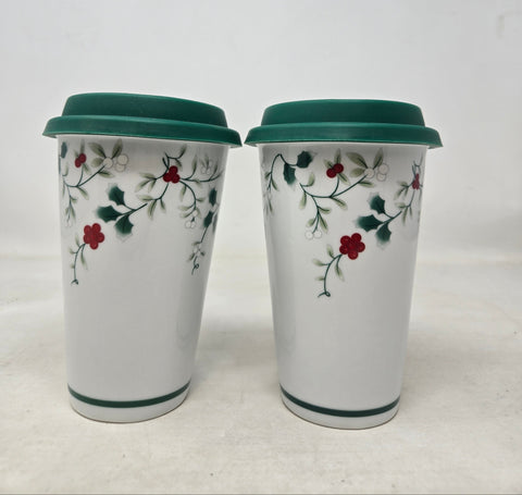 Set of 2 Pfaltzgraff Winterberry 10oz Travel Mugs B2